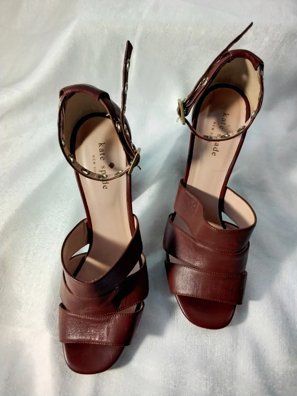 kate spade Brown Leather High Block Heel Sandals with Studded Ankle Strap
